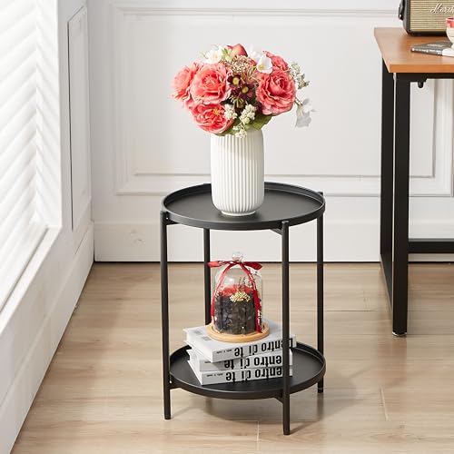 2 Tier Round Side Table, Marble End Tables Coffee Table Simplistic Sofa Table Waterproof Removable Tray Table Indoor Outdoor Accent Table for Living Room Bedroom (Faux Marble Black, 2pcs)