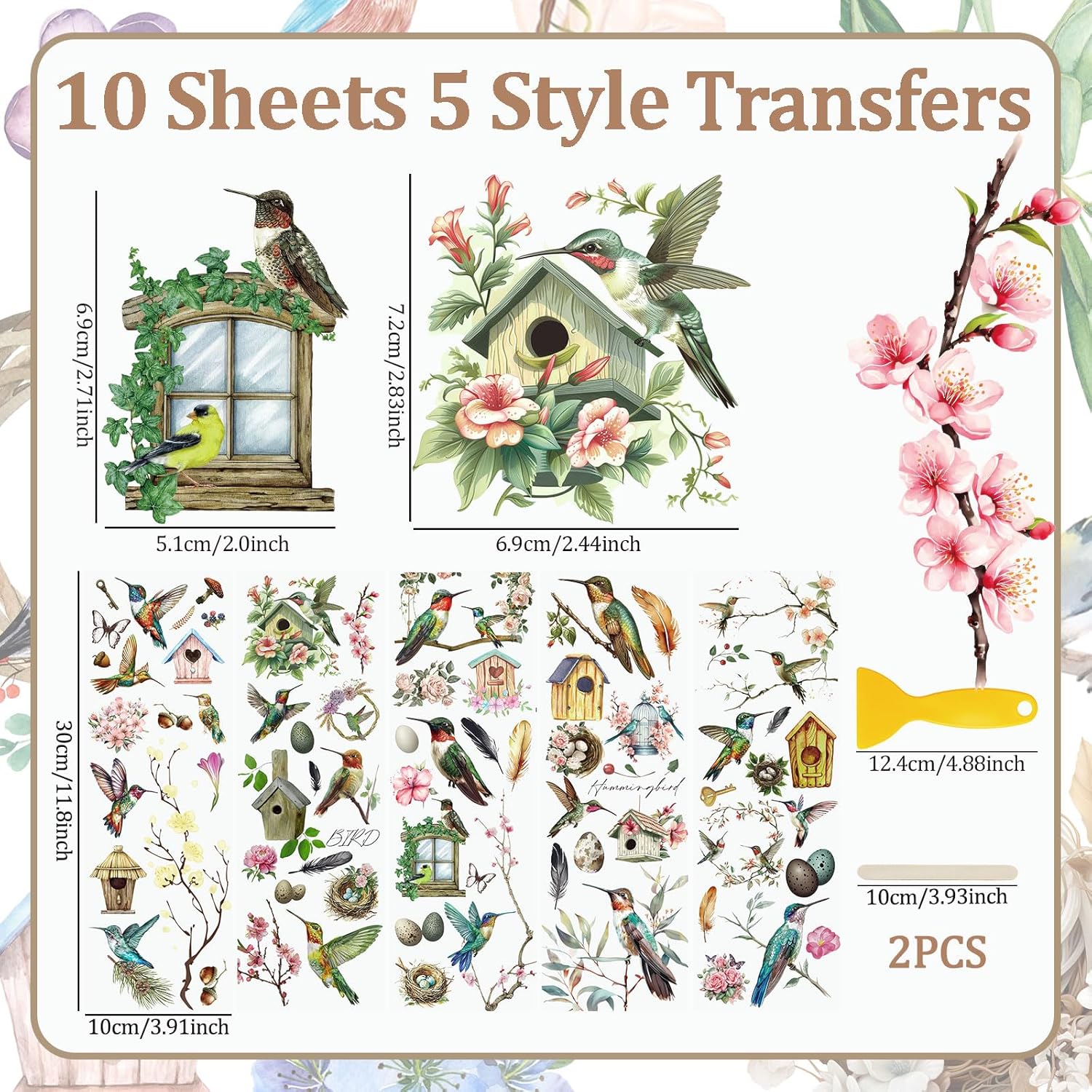 WANDIC 10 Sheets Rub On Transfer Stickers, Bees Birds Decals Fashionable Flower Waterproof Transfers for Furniture Table Water Bottle DIY Craft, 11.8 * 3.9in