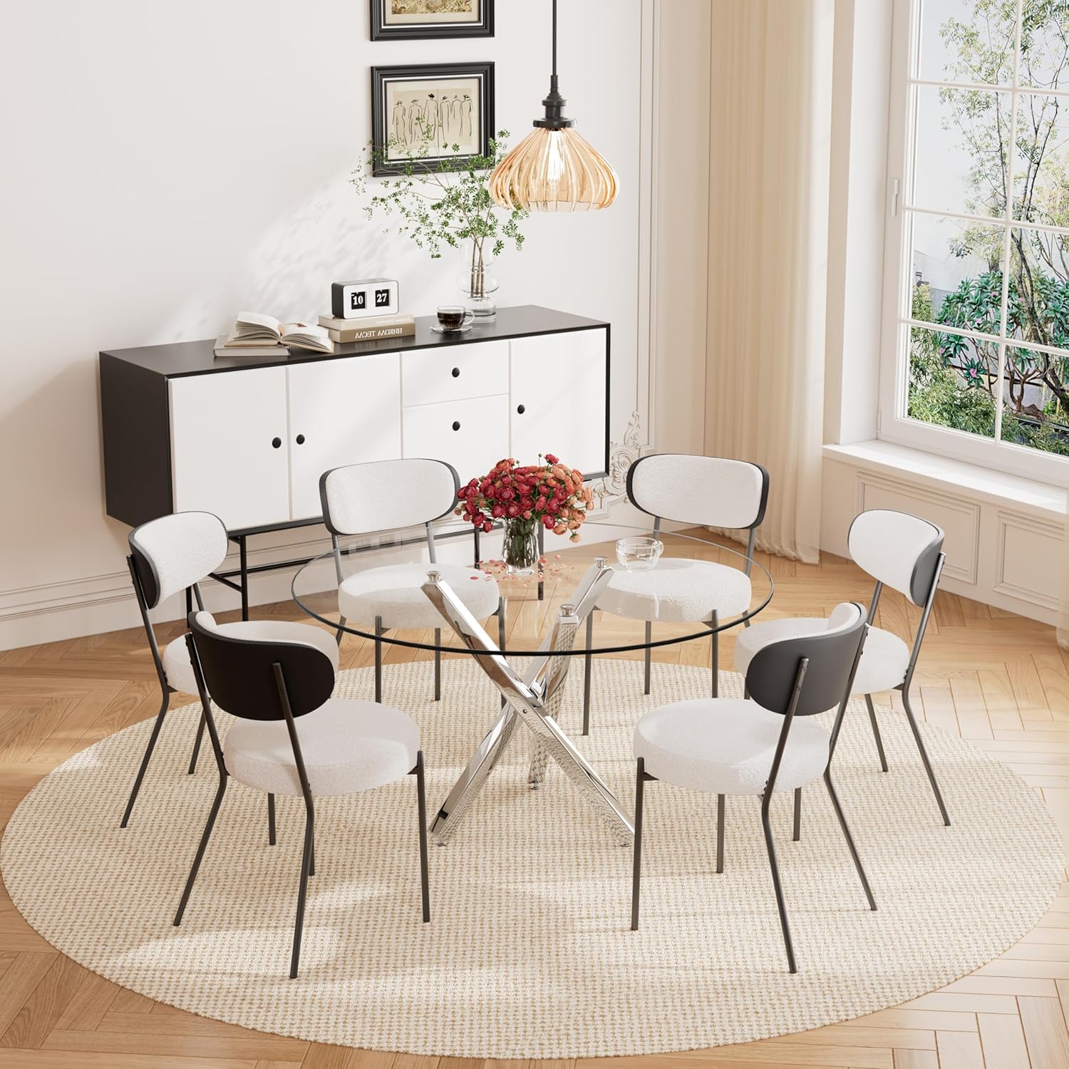 RGZ Glass Round Dining Table Set for 6, 7 Pcs Retro Circular Dining Set,Circle Dining Room Table Set, 47'' Mid Century Modern Kitchen Table Chairs Set with White Upholstered Boucle Chairs(Silver)