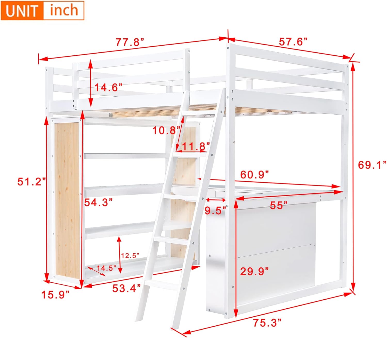SOFTSEA Kids Loft Bed Frame Full with Storage Shelves, Desk and Ladder Solid Wood Loft Bed for Boys Girls with Full-Length, No Box Spring Needed, White
