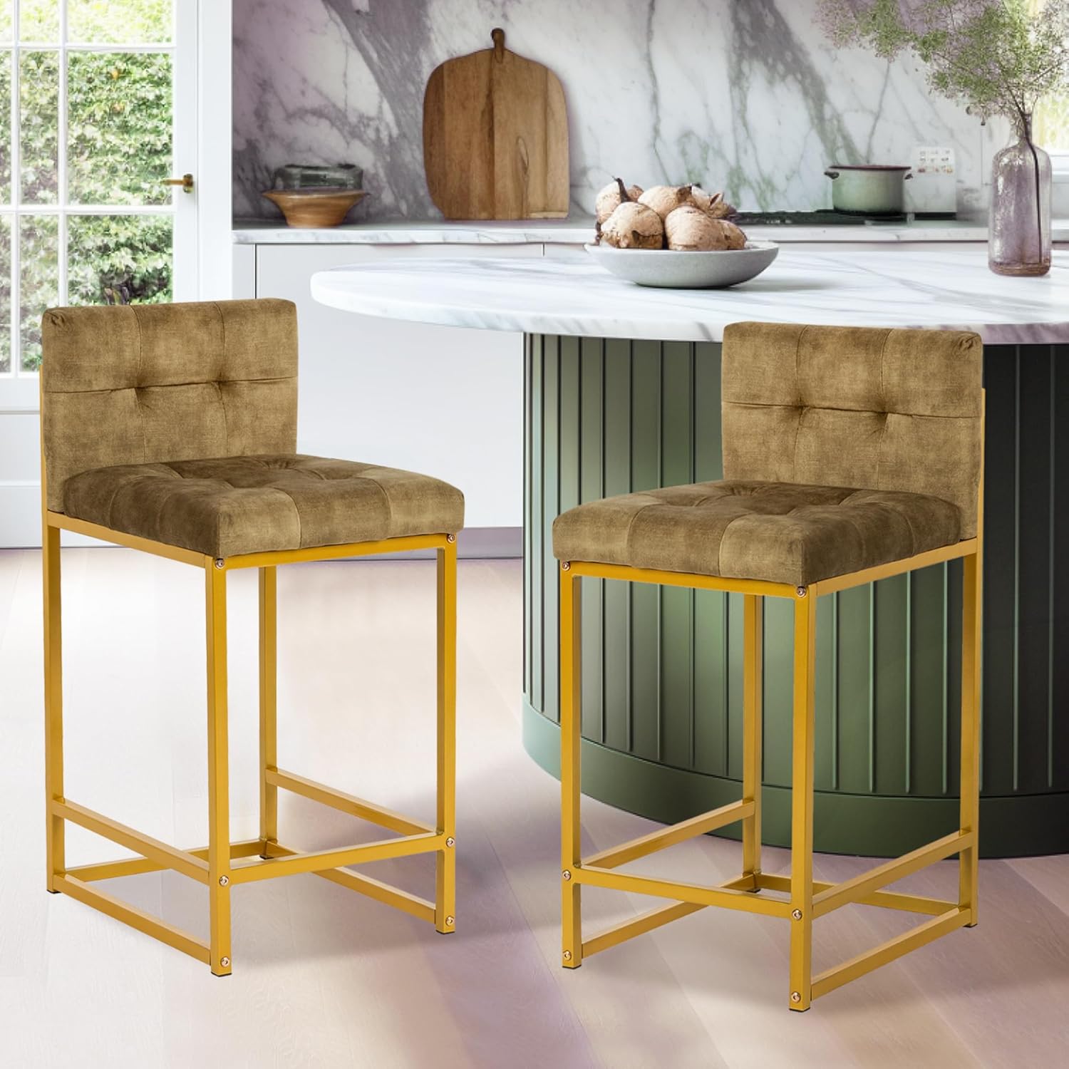 GIA 24 Inch Counter Height Square Backrest Bar Stools for Kitchen Island,Upholstered in Velvet with Gold iron Leg,Set of 2,Green