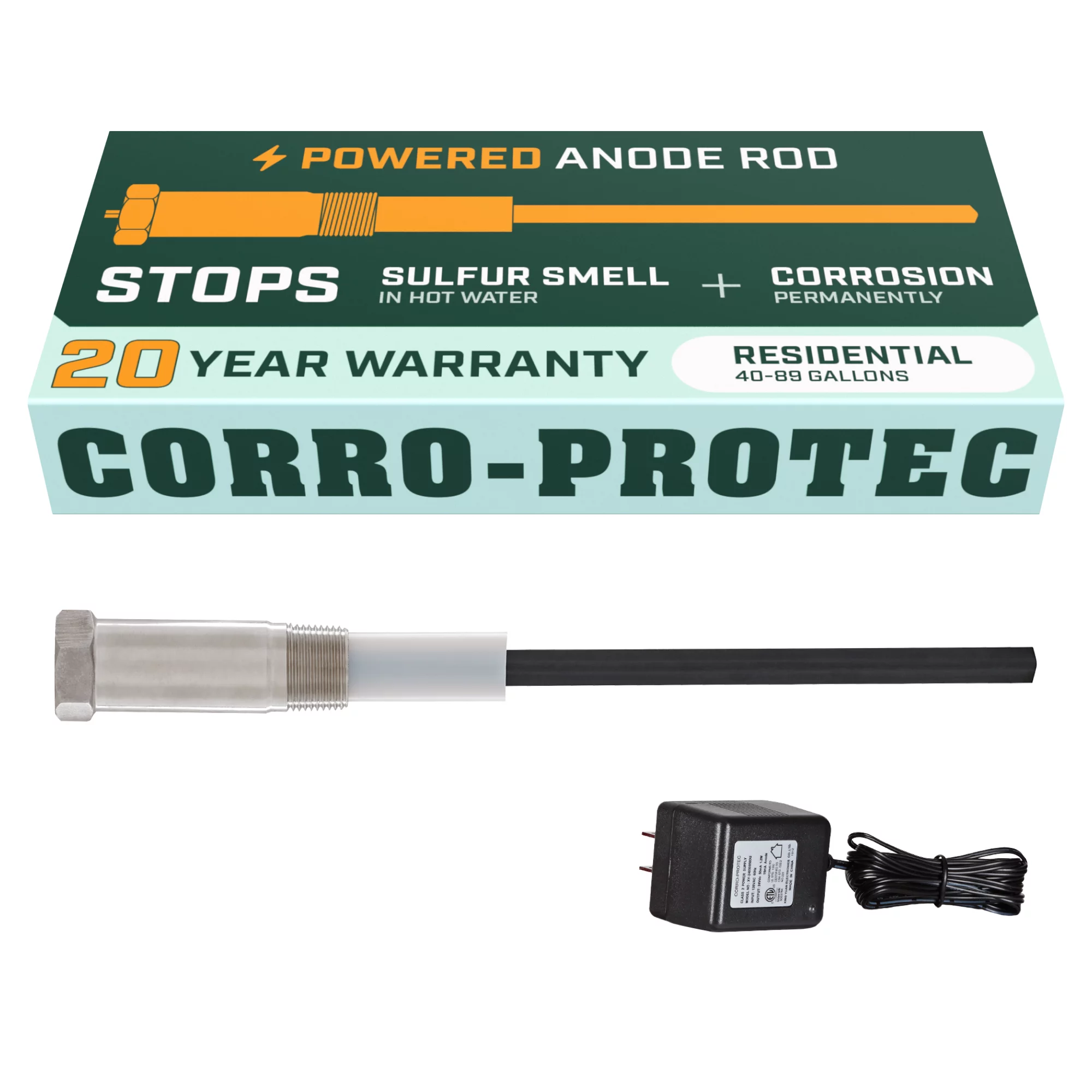 Corro-Protec Powered Anode Rod for Water Heater, Stops Odors and Corrosion, 20-Year Warranty