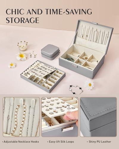 Jewelry Box Organizer for Women - 2 Layer Jewelry Organizer Storage Set with Small Travel Jewelry Case for Girls Ring Earring Necklace Bracelet, PU Leather Jewelry Boxes with Removable Tray (Grey)