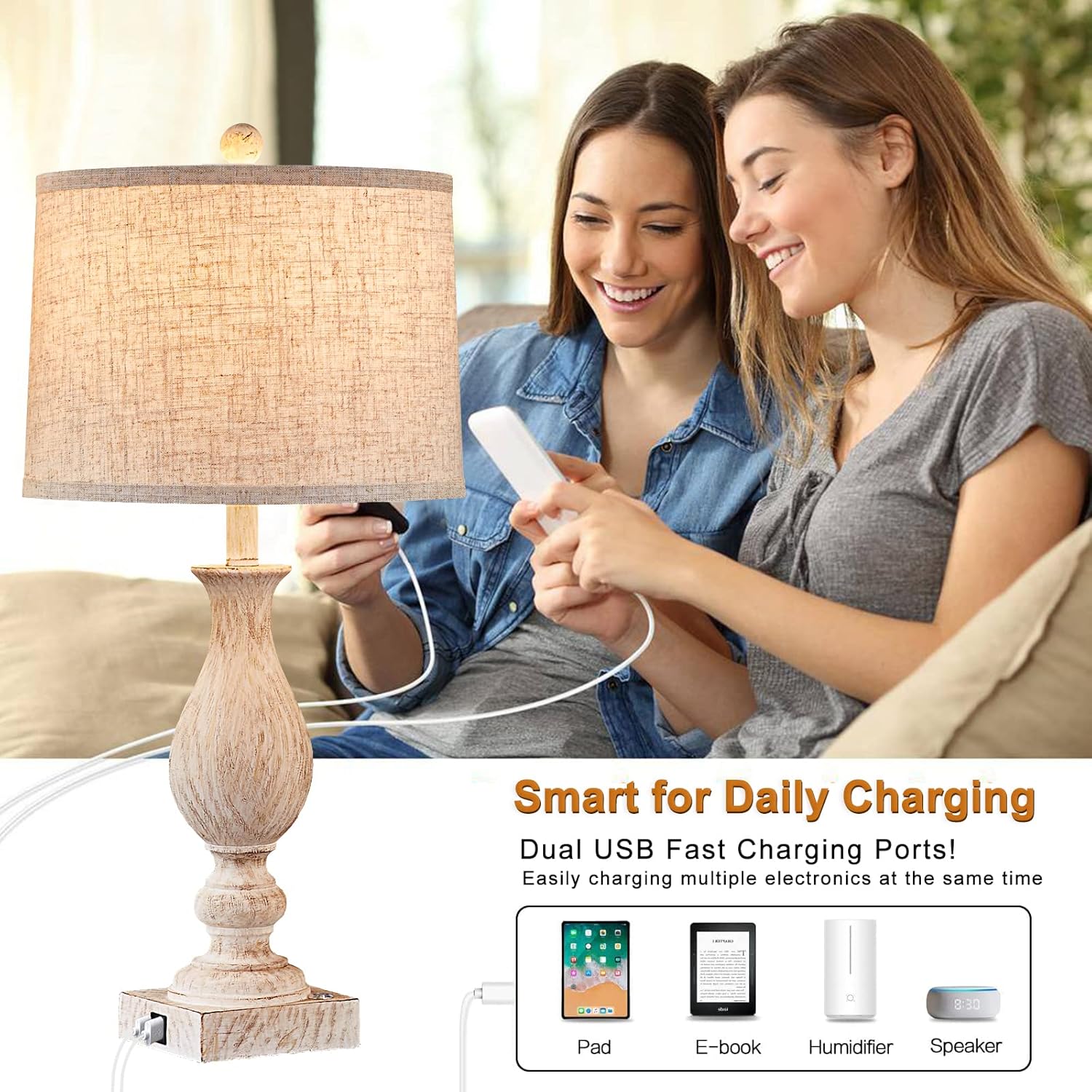 Touch Control Farmhouse Table Lamps Set of 2 for Living Room 3-Way Dimmable 27'' Rustic Bedside Lamps with 2 USB Charging Ports for Bedroom Vintage Traditional Nightstand Lamps (2 Bulbs Included)