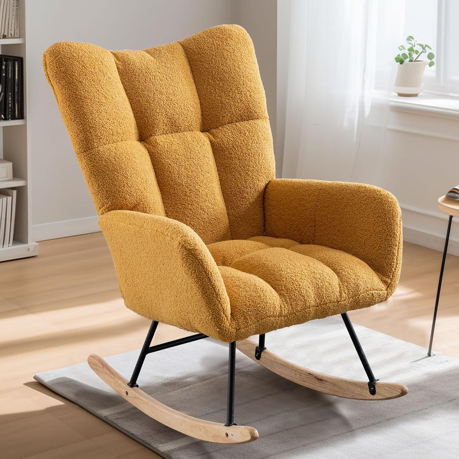 Rocking Chair Nursery Chair, Teddy Velvet Glider Rocker with High Backrest for Breastfeeding, Upholstered Glider Chair for Nursery Bedroom Living Room（Yellow）