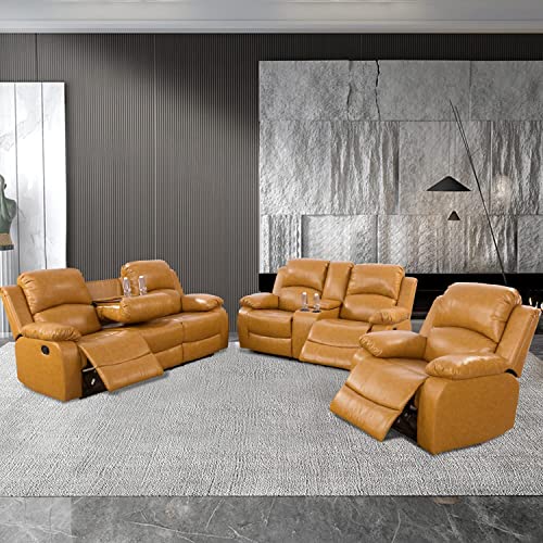 Bonded Leather Living Room Furniture Set 3 Piece Manual Recliner Sofa Set Multifunctional Reclining Couches with Cup Holders and Storage Console (Ginger)