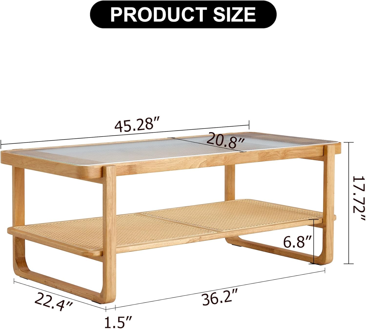 Coffee Table 45 in Modern Simple Rectangle Double Layer Solid Wood Tea Table Rattan Woven Side Table Small Table Suitable for Living Room Dining Room Bedroom Watermarked Clear Glass Desktop