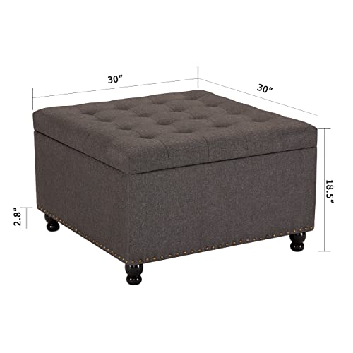 Modern Large Square Storage Ottoman Bench, Linen Tufted Upholstered Coffee Table with Storage,Oversized Storage Ottomans Toy Box Footrest for Living Room Porch Fitting Room Bedroom (Grey)
