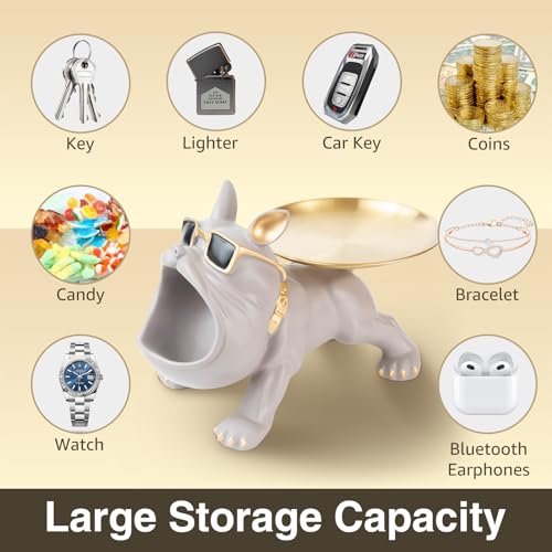 Resin French Bulldog Tray Statue for Home Decor Storage Key Candy Holder Bowl Tray Modern Art Frenchie Animal Sculpture Decor for Dinning Room Entryway Table Office Desk,Grey