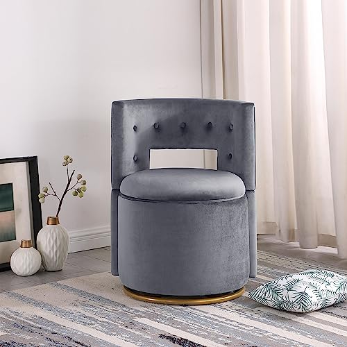 Swivel Accent Chair with Storage, Velvet Button Curved Chair 360° Swivel Bucket Armchairs, Comfy Chair for Living Room Bedroom Reading Room (Beige)