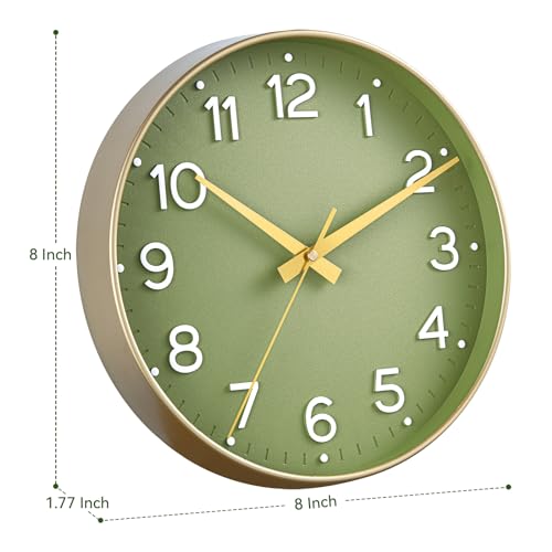 Wall Clock Green- 12 Inch Silent Wall Clocks Battery Operated- Modern Non Ticking Analog Clock Decorative for Living Room Bedroom Office Kitchen(Gold)