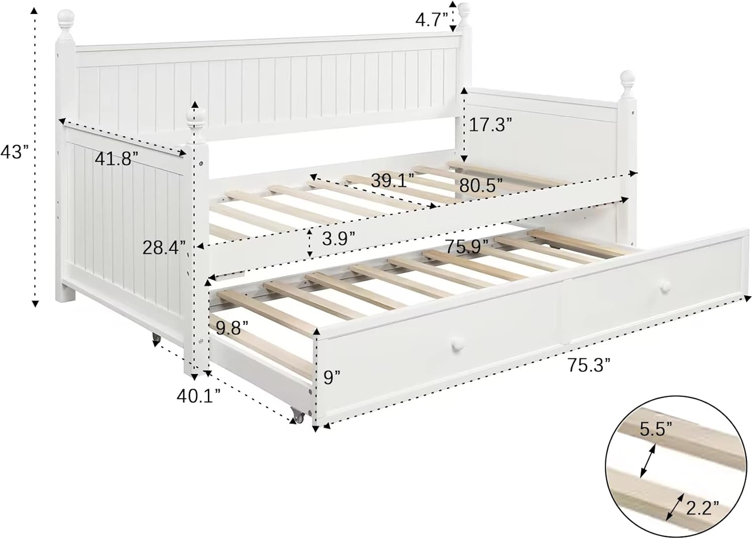 Harper & Bright Designs Twin Size Daybed with Trundle, Wood Twin Trundle Daybed Frame, Dual-use Daybed Sofa Bed for Living Room,Guest Room,Children Room, No Box Spring Needed,White