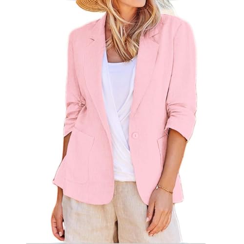 Linen Blazer Women 2024 Summer Business Casual Short Sleeve Outfits Work Office Lapel Button Suit Blazer