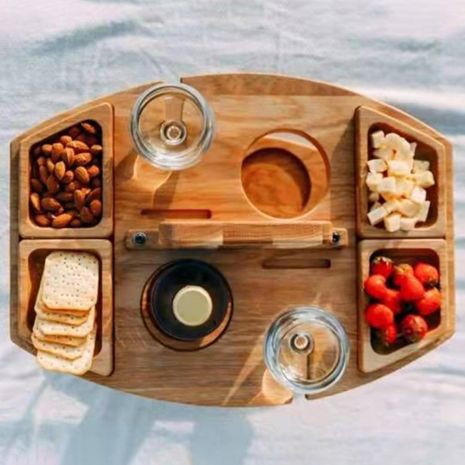 Low Table, Picnic Table Portable Detachable Wine Table with 2 Wine Glasses Holder Stylish Wooden Mini Snack Tray for Wine Lovers Outdoors Events, Beach, Camping