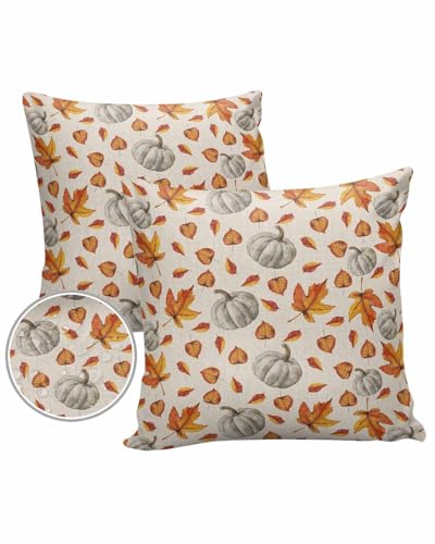 Outdoor Pillow Covers Waterproof, Thanksgiving Throw Pillowcase Decorative Cover, Fall Maple Leaf White Pumpkin Wooden Garden Cushion Case Set of 2 for Sofa, Couch, Tent, Patio, 16