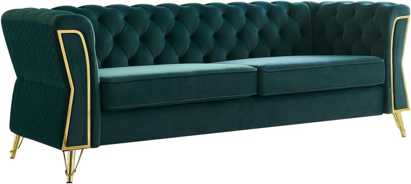 Modern 87.4 Inch Tufted Velvet Sofa in Green Color for Living Room - Stylish and Comfortable Green Velvet Sofa for Contemporary Home Décor