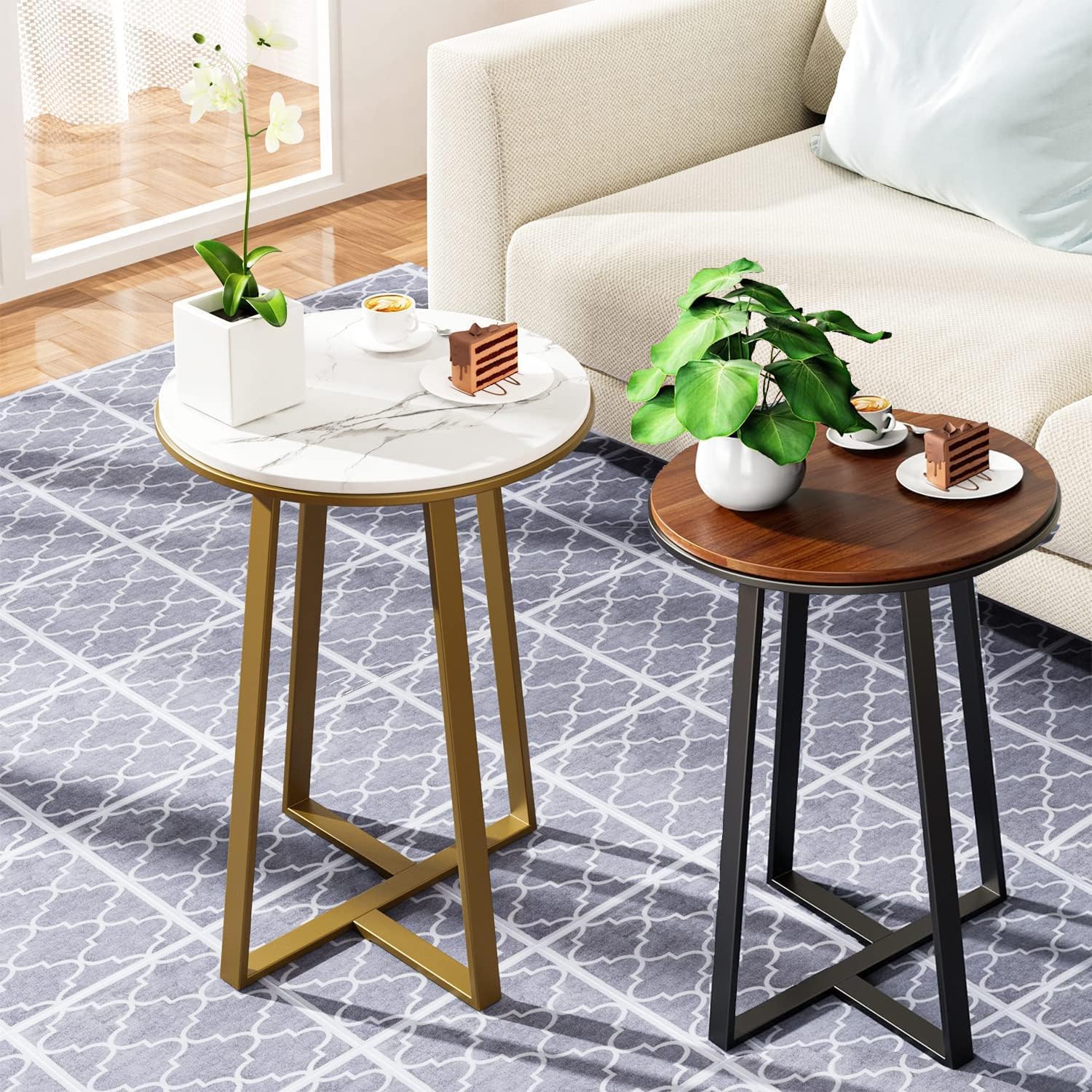 Round End Tables, set of 2 Small Side Table, Tall End Table for Bed Room,Coffee Tea End Table for Living Room