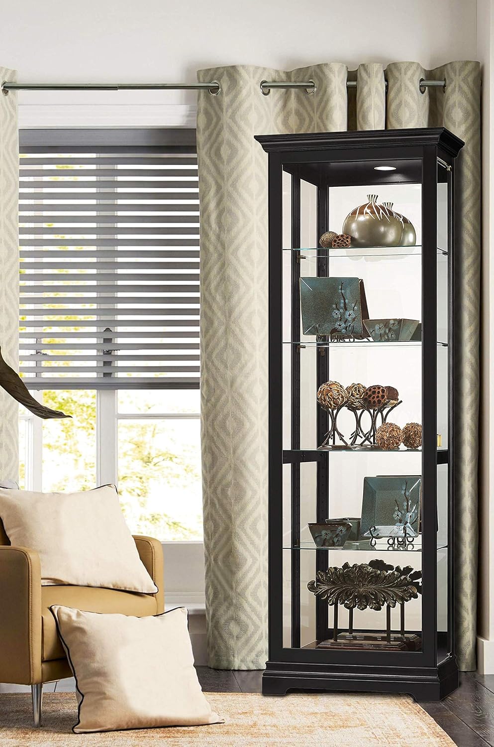 Howard Miller Brantley II Curio Cabinet 680-672 – Black Satin Finish, Vertical Home Decor, Four Glass Shelves, Five Level Display Case, No Reach Light, Sliding Doors