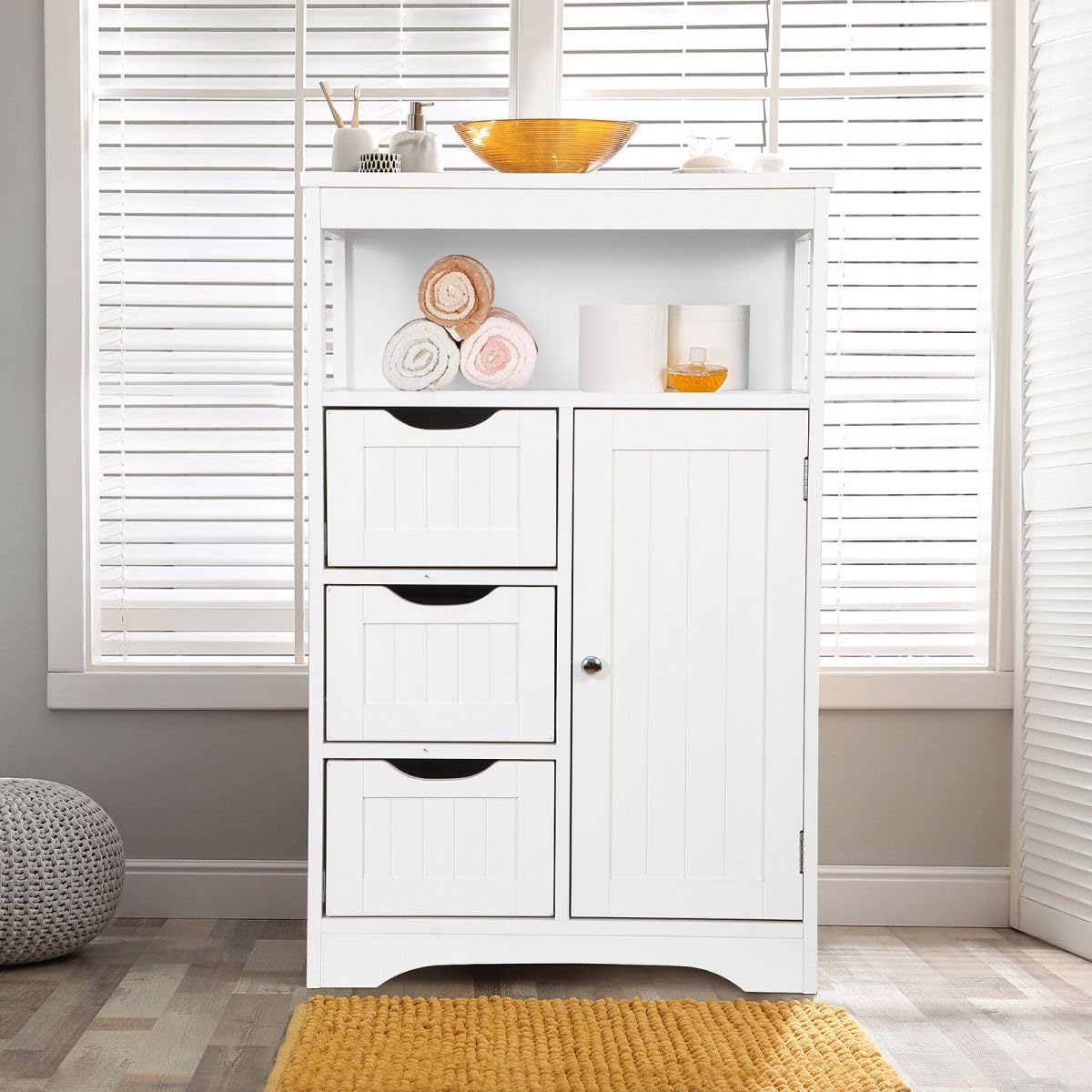 White Bathroom Floor Cabinet Wooden Storage Organizer with 1 Door and 3 Drawers, Free-Standing Cupboard for Kitchen/Living Room/Bathroom Use