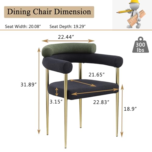 Boucle Upholstered Dining Chairs Set of 2, Modern Green Dining Room Chairs with Curved Backrest, Comfortable Armchairs Kitchen Chairs with Metal Legs for Living Room