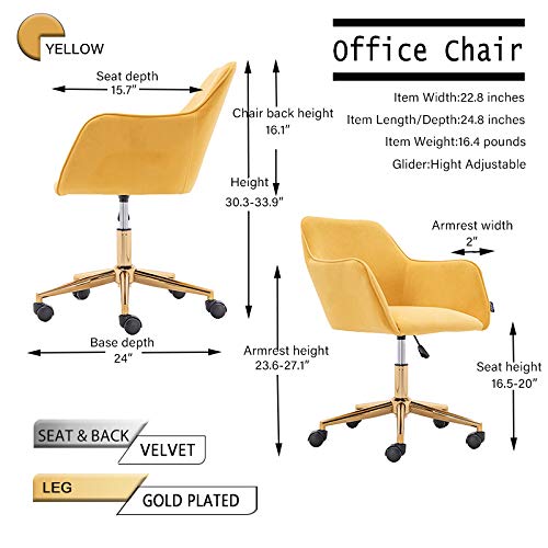 Modern Teddy Adjustable Height 360 Revolving Home Office Chair Desk Chair with Gold Metal Legs Universal Wheel for Women Ergonomic Study Seat Computer Task Stools (Yellow Teddy)