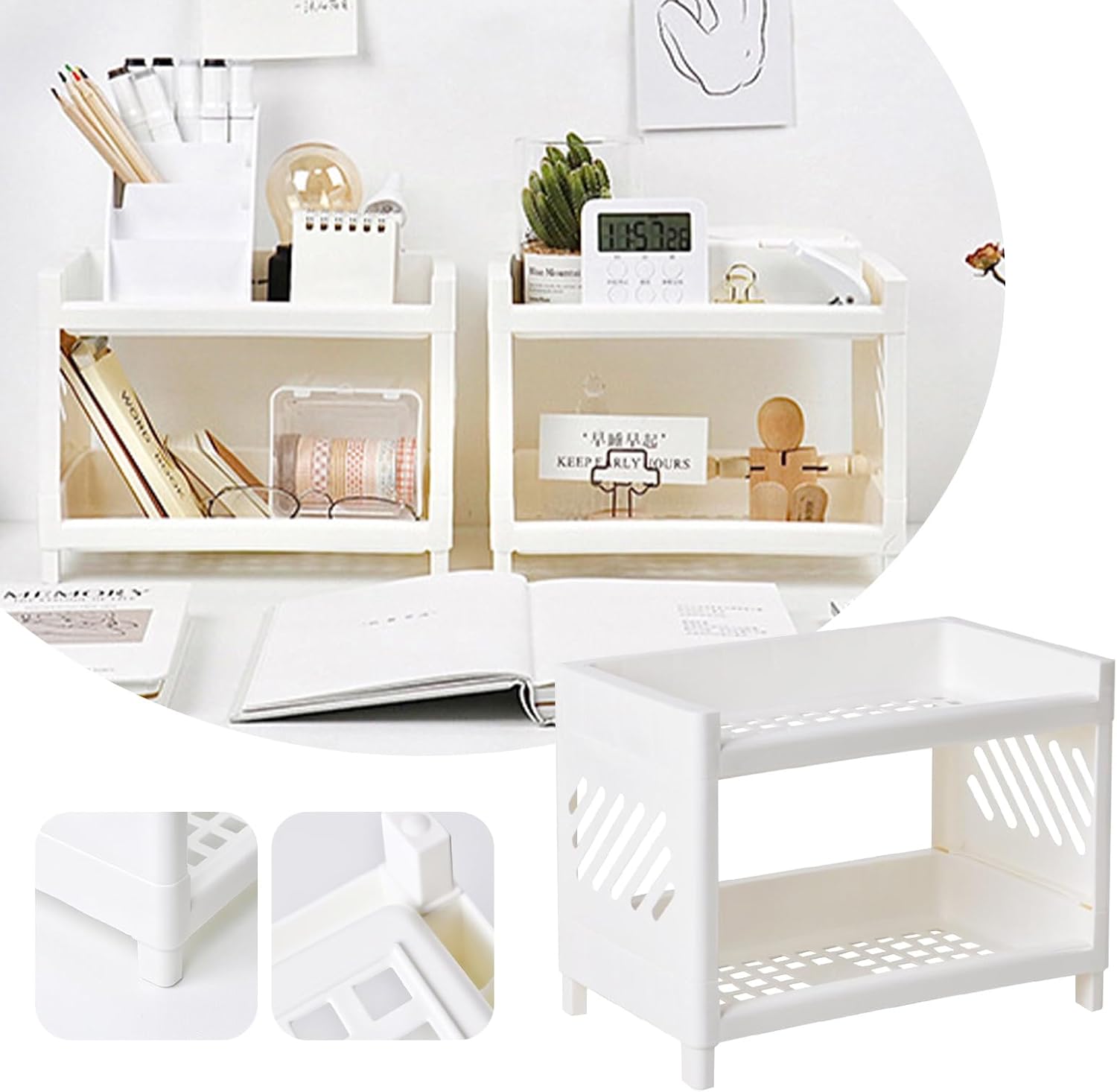 Hoomall White Desktop Organizer with Double Tier,Desk Hutch Dorm for Student/Lady,Office Storage Rack, Organizer for Desk/Bathroom/Office, Desktop Stationary, Easy Assembly, Free Standing Shelf
