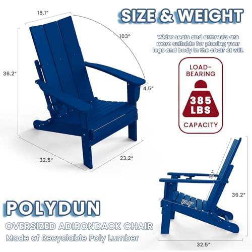 Folding Adirondack Chair with Cup Holder, Poly Lumber Patio Chairs, Wood Texture, Pre-Assembled Weather Resistant Outdoor Chairs for Pool, Deck, Backyard, Garden, Fire Pit Seating, Weathered Wood