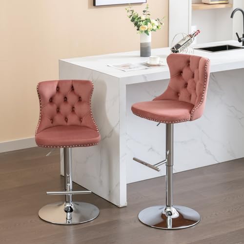 Swivel Bar Stools Set of 2, Velvet Barstools with High Upholstered Backrest, Metal Footrest & Nailheads Trim, Adjustable Counter Height Bar Chairs for Home Pub and Kitchen Island, Purple+Silver