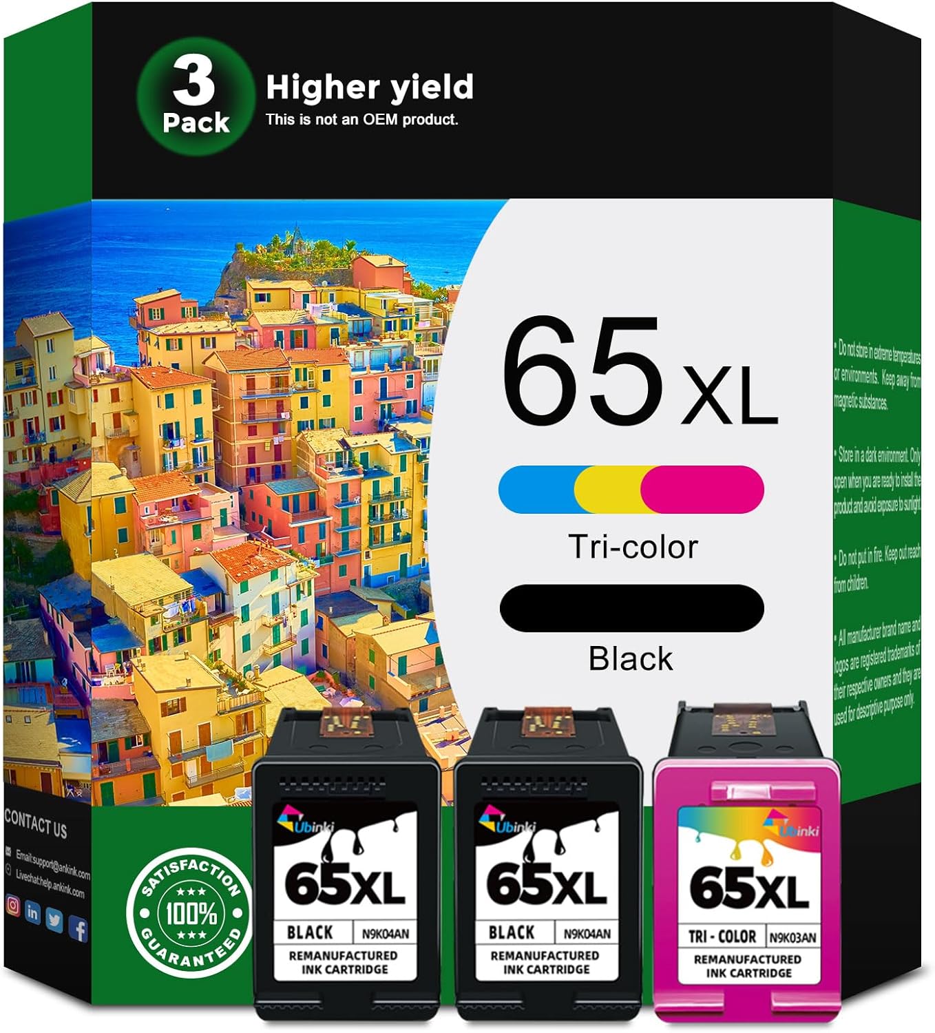 Remanufactured Ink Cartridge Replacement for HP 65XL 65 XL (Black and Color Combo, 3-Pack) HP65 XL HP65XL Ink for 5000 5055 3755 3700 3772 3722 2600 2622 3752 2652 2655 2640 5052 5010 Printer