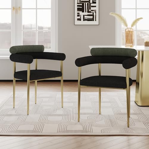 Boucle Upholstered Dining Chairs Set of 2, Modern Green Dining Room Chairs with Curved Backrest, Comfortable Armchairs Kitchen Chairs with Metal Legs for Living Room
