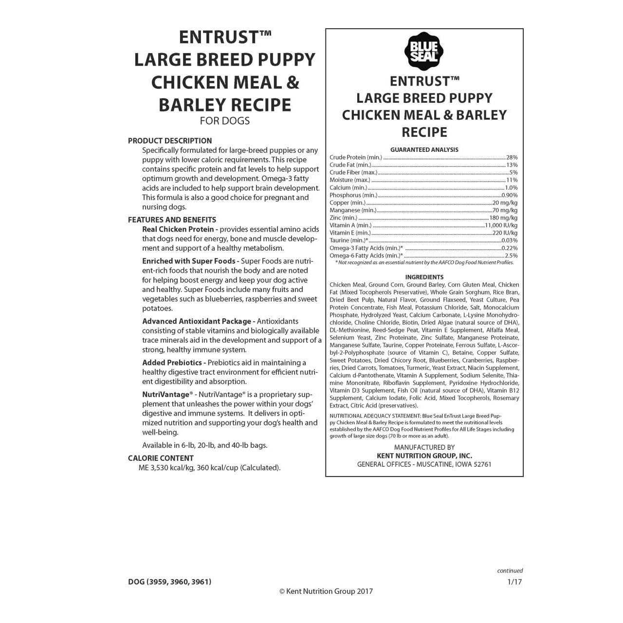 Entrust Large Breed Puppy Chicken Meal & Barley Recipe - Pet Supplies online store