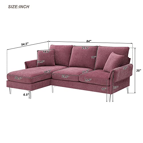 L-Shaped Sofa with Chaise Lounge, Reversible Sectional Sofa Couch with 2 Pillows, Upholstered Couch for Living Room, Bedroom, Small Space (Pink)