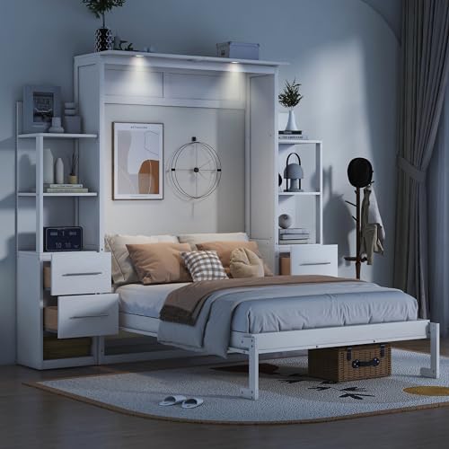 Full Size Murphy Bed Convertible Folding Cabinet, Space-Saving Wall Bed with Shelves, 4 Drawers and LED Lights for Guest Room and Home Office, White