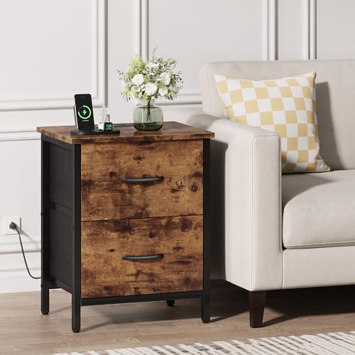 Vagusicc Nightstand with Charging Station, Bedside Table with USB Ports and Outlet, End Table Side Table with 2 Fabric Drawers for Bedroom, Living Room, Rustic Brown