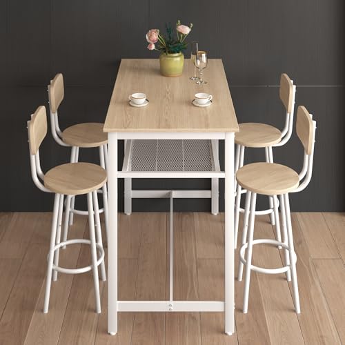 5 Piece Counter Height Dining Table Set, Heavy Duty Metal Kitchen Table Set with Storage Shelf and 4 Height Chairs, Modern Bar Table and Chairs Set for Kitchen, Dining Room, Bar, White Oak