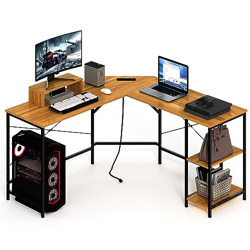 Maxtown L Shaped Desk with Power Outlets, Large Computer Desk with Monitor Stand & Storage Shelves, Home Office Desk Corner Desk Gaming Desk, Teak