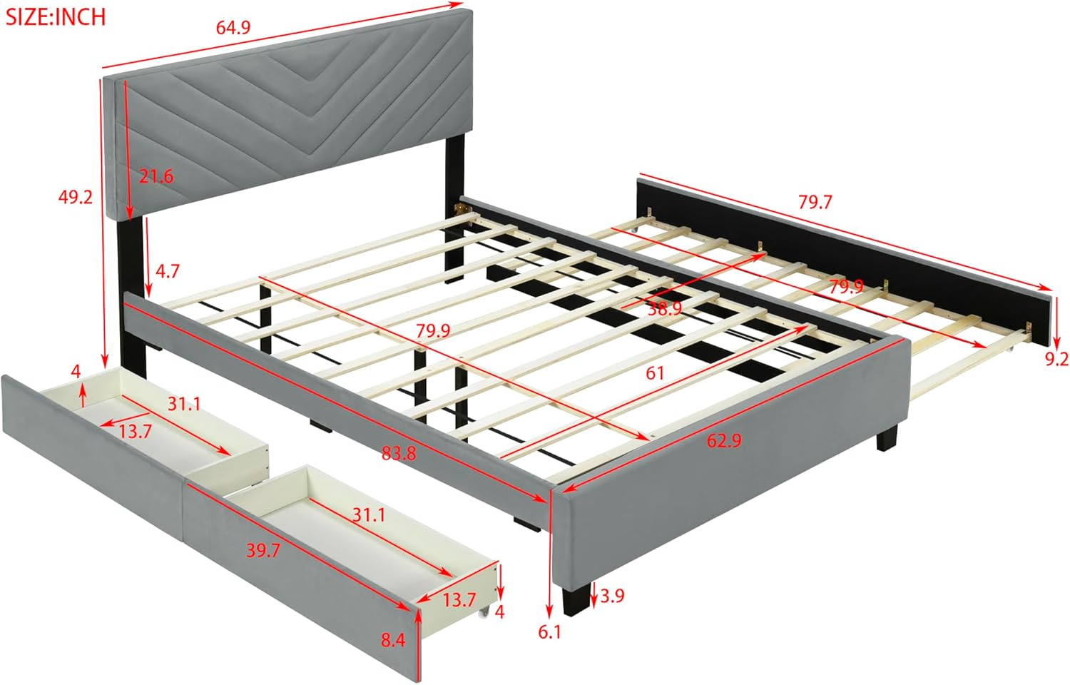 Queen Size Bed Frame with Trundle and 2 Storage Drawers, Queen Flannel Upholstered Platform Bed with Twill Headboard, Wooden Slat Support, Gray