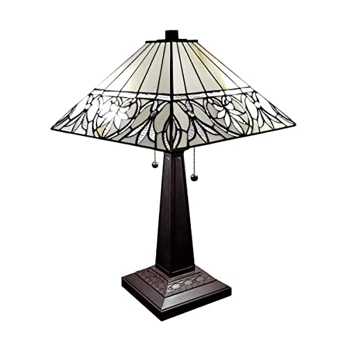 Amora Vintage Tiffany Table Lamp - Geometric Floral Table Night Light - White Glass Nightstand Lamp - 22” Tall Stained Glass Lamp