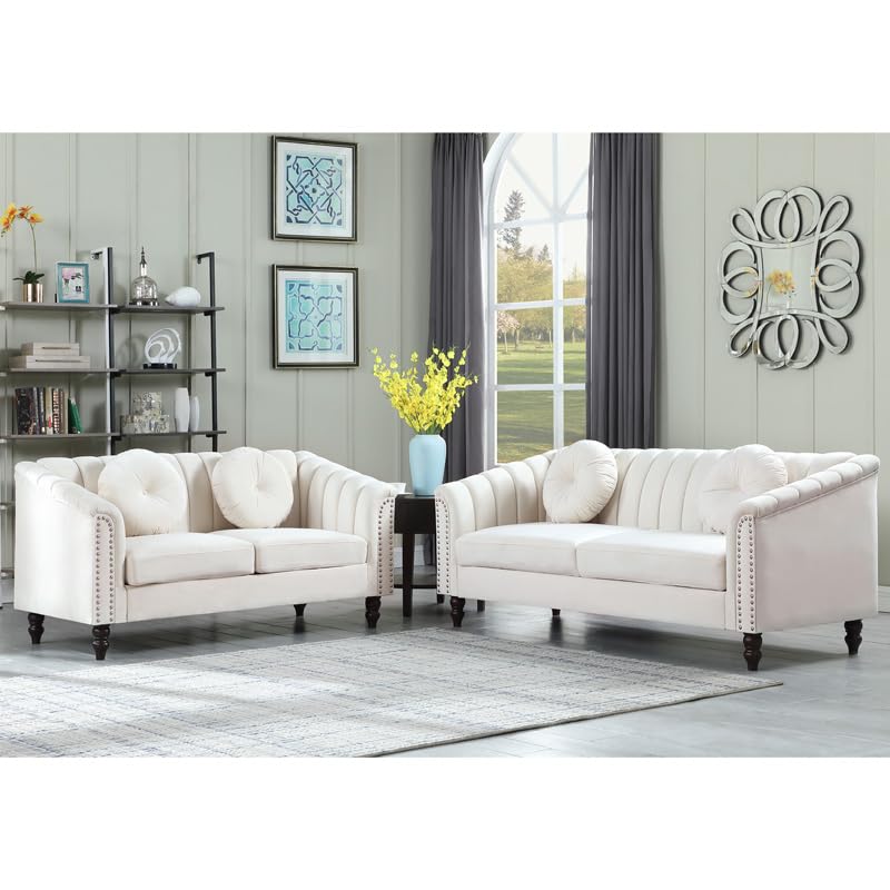 Classic 3-Piece Microfiber Couch and Sofa Set with Deep Seat and Sturdy Wood Frame, White