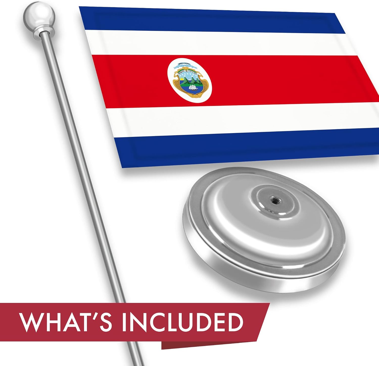 G128 Costa Rica Costa Rican Deluxe Desk Flag Set | 8.5x5.5 In | Printed 300D Polyester, with Silver Dome and Base, 15