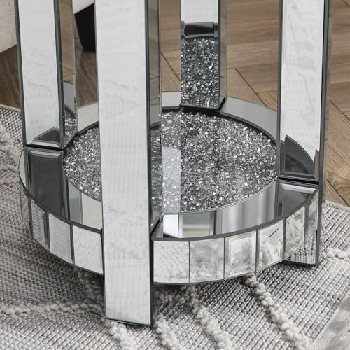 SSLine Modern Mirrored Coffee Table with 2 End Table Luxury 3-Piece Living Room Coffee End Table with Silver Mirror Finish & Shiny Diamond Decor Top 2-Tier Rectangle Center Table and Round Side Table