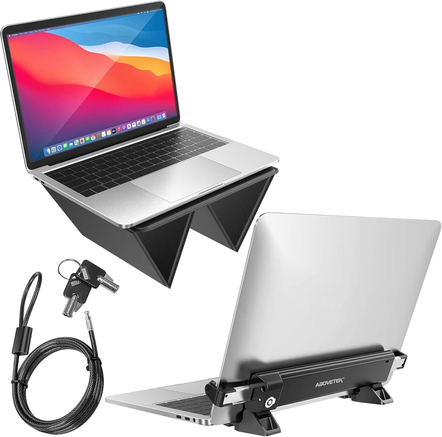 AboveTEK MacBook & Surface Laptop Locking Station with Combo Lock Cable Bundle with Ultra-Sleek Portable Laptop Stand, 2-in-1 Foldable Macbook Stand for Desk & iPad Tablet Stand Holder