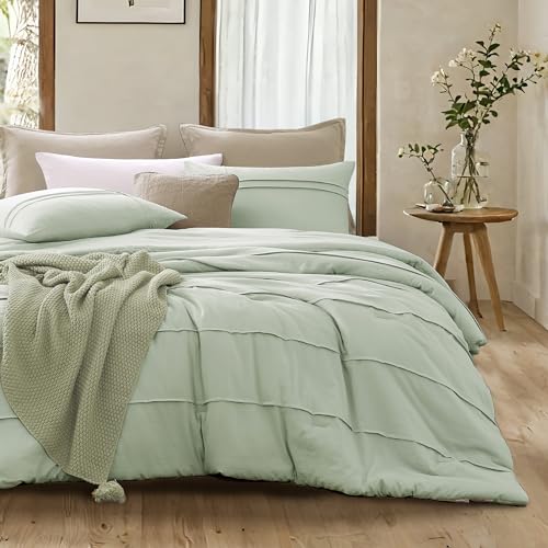 Boho King Size Comforter Set,Green Fluffy Comforter Sets for King Size Bed Set 3 Piece,Pinch Pleat King Bedding Set for Bedroom (Olive Green,102