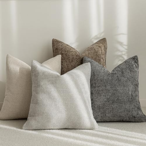 LANANAS Neutral Decorative Throw Pillow Covers 18x18 Inch for Living Room Couch Bed Sofa Farmhouse Boho Home Decor Set of 4 Soft Corduroy Accent Luxury Cushion Cases (18x18, Neutral Cream-Grey)