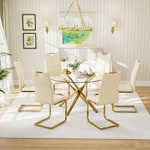 Round Glass Dining Table Set for 6, 7 Pieces Dining Table Set for 6, Dining Room Table Set for 6 with Chairs,Tempered Glass Table Top & 6 High Back Faux Leather Chairs,White & Gold