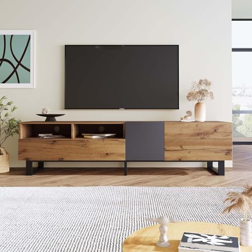 Modern TV Stand for 80 Inch TV with Double Storage Space, Wooden Entertainment Center with Open Shelves, TV Media Console Table with Drop Down Door for Living Room (Black)