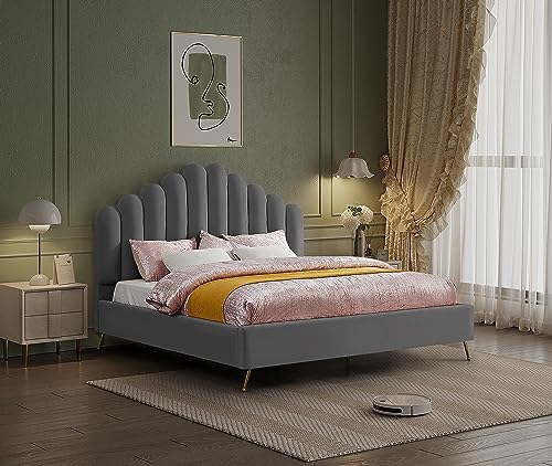 Meridian Furniture Lily Collection Modern | Contemporary Velvet Upholstered Bed with Deep Channel Tufting and Custom Gold Steel Legs, King, Cream