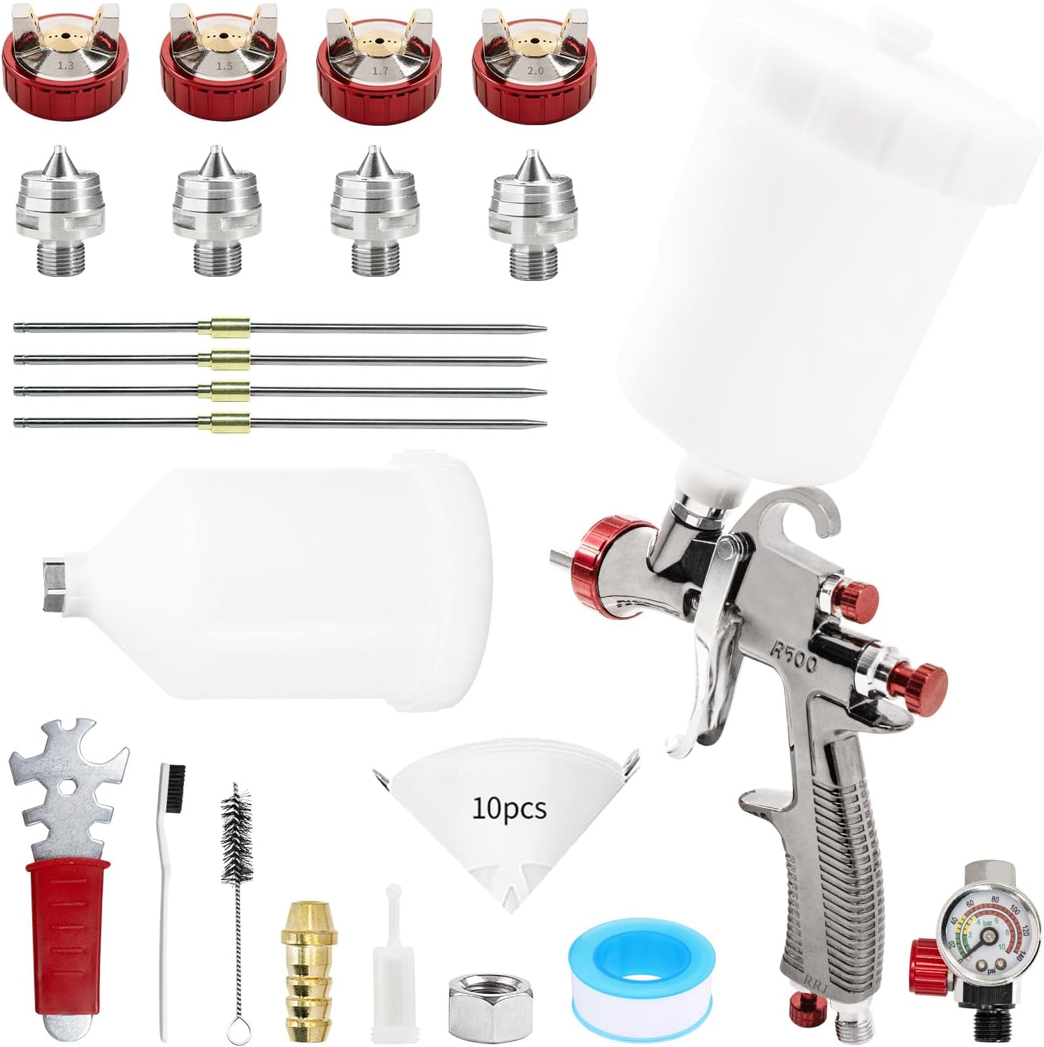 LVLP Spray Gun R500, Air Paint Gun Automotive with 1.3/1.5/1.7/2.0mm Nozzle & Air Regulator, 600cc Gravity Feed Air Spray Gun Premium Kit Auto Paint Spray Gun for Car Primers, Top Coat, Furniture