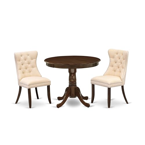 East West Furniture ANDA3-AWA-29 3 Piece Kitchen Set Includes a Round Dining Table with Pedestal and 2 Upholstered Chairs, 36x36 Inch, Antique Walnut