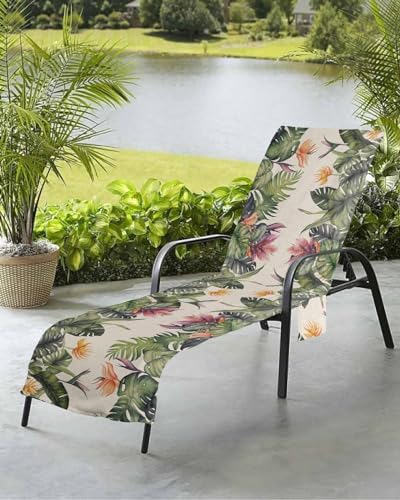 Tropical Beach Chair Towel Covers for Chaise Lounge With Side Pocket, Soft Plush Pool Towels Cover for Patio Sunbathing Outdoor Summer Green Palm Tree Leaves Farmhouse 29''x85''
